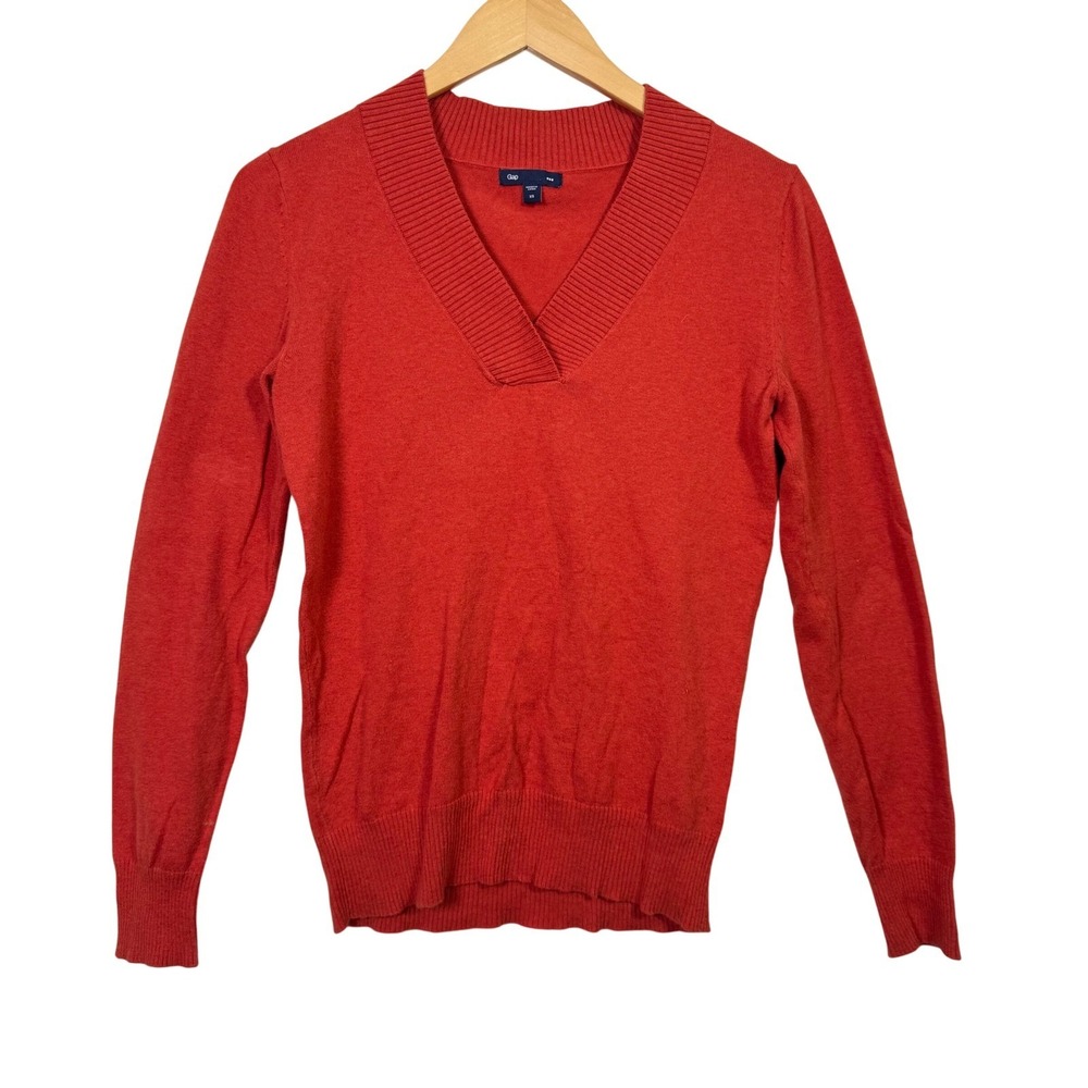 Gap Womens Sweater XS Orange V-Neck Cotton Blend Knit Long Sleeve Pullover Fall‎